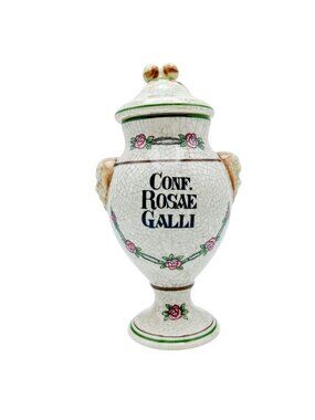 Herr Faience Conf. Rosae Galli Apothecary Jar Crackle Glaze Ceramic 7.5"